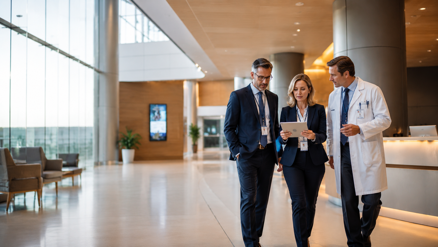 Healthcare professionals walking through a modern hospital lobby