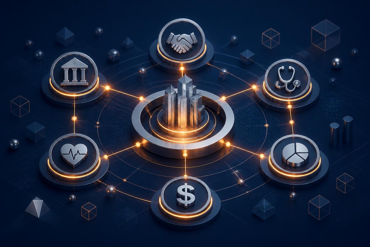 Connected health and medical property ecosystem with glowing nodes representing capital, property, partnerships and care delivery