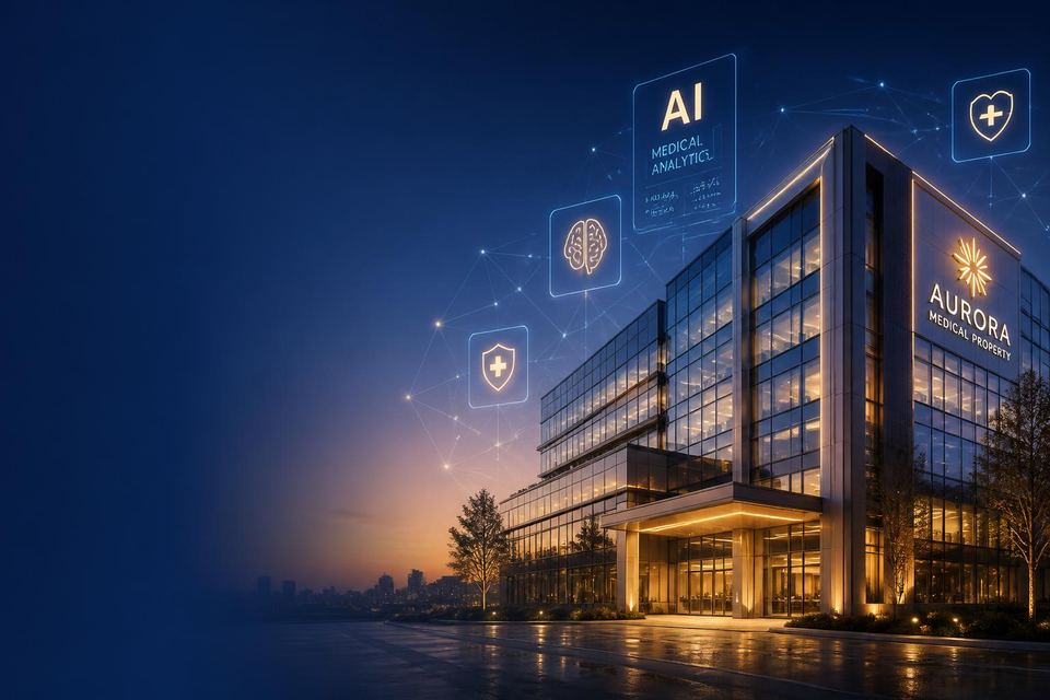 Modern medical building with AI analytics icons at dusk