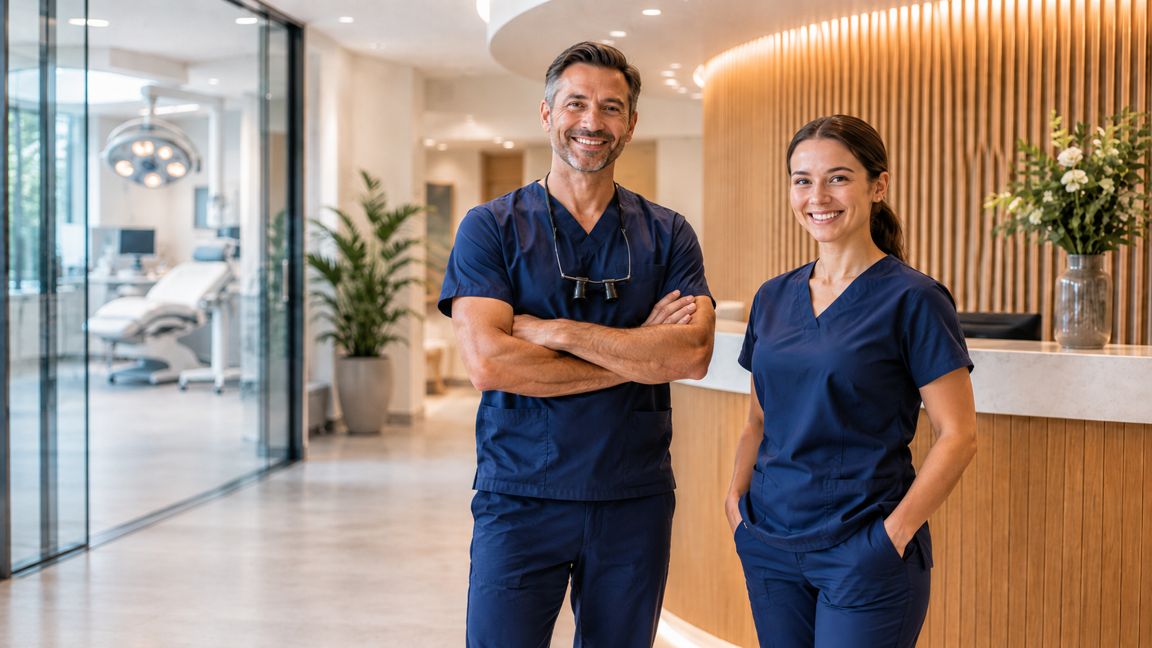 Healthcare professionals in a modern clinic reception